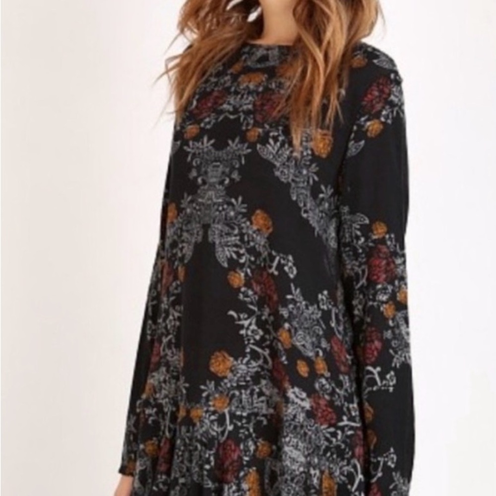Free People Black Floral Long-Sleeve Swing Dress with Rust and Gray Accents